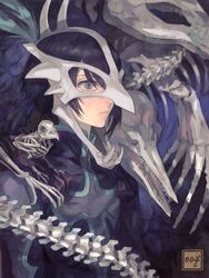  1boy animal_skull black_hair bone judas_(tales) male_focus mask nishihara_isao oekaki photoshop_(medium) purple_eyes short_hair skeleton skull skull_on_head solo spine surreal tales_of_(series) tales_of_destiny_2 