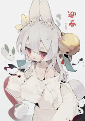  absurdres animal_ears bell black_bra blush bra commentary_request female grey_background grey_hair hair_bell hair_ornament highres looking_at_viewer nep_(nep_76) open_mouth original oversized_clothes partial_commentary rabbit_ears rabbit_girl rabbit_tail shirt short_hair simple_background sleeves_past_fingers sleeves_past_wrists solo sweat tail thick_eyebrows underwear white_shirt 