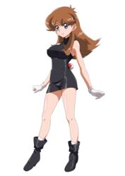  absurdres bare_arms black_dress black_footwear blue_eyes boots breasts brown_hair closed_mouth commentary_request dress female full_body gloves green_(pokemon) highres knees large_breasts long_hair poke_ball poke_ball_(basic) pokemon pokemon_adventures sakura_painter shiny_skin short_dress smile socks solo transparent_background white_gloves white_socks 