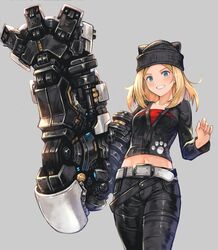  animal_ear_headwear animal_ears belt blackball blonde_hair blue_eyes crop_top cropped_jacket cyborg fake_animal_ears female grin hat highres long_hair looking_at_viewer mecha_musume mechanical_arms midriff navel original simple_background smile solo 