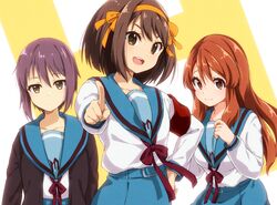  3girls armband asahina_mikuru blue_sailor_collar blue_skirt brown_cardigan brown_eyes brown_hair cardigan closed_mouth commentary_request expressionless h hair_ribbon hairband kita_high_school_uniform long_hair long_sleeves looking_at_viewer multiple_girls nagato_yuki neck_ribbon nyanmaru_(ememing) open_cardigan open_clothes open_mouth orange_hair purple_hair red_ribbon ribbon sailor_collar school_uniform serafuku short_hair skirt smile suzumiya_haruhi suzumiya_haruhi_no_yuuutsu winter_uniform yellow_hairband yellow_ribbon 