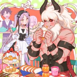  2boys 2girls :d :o ^_^ asterios_(fate) bare_shoulders black_hair black_headwear black_sclera blush bouquet bow bread bread_slice checkered_pants closed_eyes colored_sclera cream_puff cup cupcake dessert dress dress_bow eating euryale_(fate) euryale_(third_ascension)_(fate) fate/grand_order fate/hollow_ataraxia fate_(series) feet_out_of_frame flower food food_on_face fork frills fujimaru_ritsuka_(male) fujimaru_ritsuka_(male)_(starlight_fest) glasses hair_over_one_eye hairband handkerchief happy holding holding_bouquet holding_cup holding_food holding_tray honey horns jewelry long_hair looking_at_another mash_kyrielight mash_kyrielight_(senpai_killer_outfit) milk multiple_boys multiple_girls official_alternate_costume on_chair open_mouth pink_hair polka_dot polka_dot_background purple_eyes purple_hair red_eyes sandwich sara_(kurome1127) scar scone short_hair side_slit sitting smile standing standing_on_chair steam strapless strapless_dress teapot teeth thighlet tiered_tray tray tulip twintails upper_body very_long_hair vest white_dress white_hair wiping_mouth yellow_eyes 