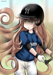  alternate_costume bad_id bad_twitter_id baseball_bat baseball_helmet baseball_uniform blue_shirt blunt_bangs brown_hair cowboy_shot elbow_pads female gloves green_eyes helena_(kancolle) helmet kantai_collection long_hair major_league_baseball milwaukee_brewers ouno_(nounai_disintegration) pants shaded_face shirt solo sportswear twitter_username white_gloves white_pants 