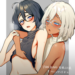  2boys absurdres ahoge black_hair blonde_hair blue_eyes blush clothes_lift dark-skinned_male dark_skin glasses gyaruo highres indie_virtual_youtuber kushizaki_(vtuber) male_focus medium_hair multiple_boys otoko_no_ko selfcest shirt_lift simple_background st_(youx1119) sweat sweater turtleneck turtleneck_sweater virtual_youtuber visible_air yaoi 