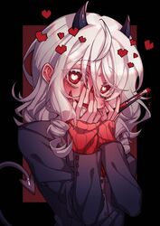  black_background black_jacket blood blush boxcutter breasts demon_girl demon_horns demon_tail drill_hair female grey_hair hair_between_eyes hands_on_own_face heart heart-shaped_pupils helltaker highres holding holding_boxcutter horns jacket kithera korean_commentary medium_hair modeus_(helltaker) red_background red_eyes red_sweater saliva solo sweater symbol-shaped_pupils tail twin_drills two-tone_background upper_body yandere 