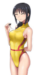  ^_^ arm_behind_back black_hair closed_eyes commentary_request cowboy_shot female happy hashi highleg highleg_swimsuit houkago_teibou_nisshi kotani_sayaka long_hair mole mole_under_eye one-piece_swimsuit photoshop_(medium) ponytail simple_background smile solo swimsuit turtleneck whistle whistle_around_neck white_background yellow_one-piece_swimsuit 