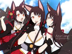  3girls aged_down akagi-chan_(azur_lane) akagi_(azur_lane) akagi_(muse)_(azur_lane) animal_ears anniversary azur_lane bare_shoulders bell black_gloves blush breasts brown_hair cleavage commentary_request detached_sleeves flat_chest fox_ears fox_girl fox_tail gloves hair_bell hair_ornament highres japanese_clothes large_breasts long_hair looking_at_viewer multiple_girls multiple_persona multiple_tails open_mouth orange_eyes shirt short_hair sidelocks smile suzuki-san_(szk3tv) tail thighhighs twintails very_long_hair white_shirt wide_sleeves 