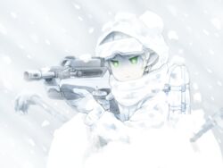  assault_rifle backpack bag bullpup camouflage closed_mouth commentary_request female fn_f2000 gloves green_eyes green_hair grey_gloves gun holding holding_gun holding_weapon hood hood_up hooded_jacket jacket long_sleeves mizuhashi_parsee pole rifle scarf shirosato snow snow_on_head snowing snowstorm solo touhou weapon white_gloves white_jacket white_scarf white_theme 