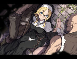  2boys arm_grab bald between_legs black-framed_eyewear black_dress black_pants blonde_hair blonde_haired_nun_(nagioka) blue_eyes blurry blurry_foreground blush breasts brick_wall brown_vest closed_mouth commentary_request cross cross_necklace dark-skinned_male dark_skin day depth_of_field dress female glasses habit hand_between_legs hand_up have_to_pee highres jewelry letterboxed long_dress long_hair long_sleeves looking_at_another medium_breasts multiple_boys nagioka necklace nun open_clothes original outdoors over-rim_eyewear pants parted_bangs restrained semi-rimless_eyewear sleeve_cuffs standing toned toned_male trembling vest 