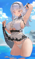  absurdres apron arm_up armpits azur_lane black_skirt blush breasts closed_mouth clothes_lift commentary cowboy_shot day dido_(azur_lane) earrings female hair_ornament highres jewelry large_breasts long_hair looking_at_viewer outdoors panties pink_eyes skirt skirt_lift solo symbol-only_commentary thighs underwear wading water white_apron white_hair white_panties yoyo_(550098) 