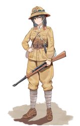  absurdres black_hair bolt_action carcano commentary commission english_commentary female full_body goggles goggles_on_headwear gun hand_on_own_hip helmet highres holding holding_gun holding_weapon italian_army italy long_hair military military_uniform original pith_helmet pixiv_commission puttee rifle solo unicron_(brous) uniform weapon white_background world_war_ii 