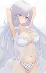  absurdres armpits arms_up azur_lane bad_id bad_pixiv_id blue_eyes breasts cleavage closed_mouth commentary cowboy_shot daily_(daily178900) female highres illustrious_(azur_lane) large_breasts long_hair looking_at_viewer navel panties see-through simple_background solo two-tone_panties underwear white_hair 