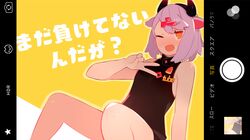  @_@ animal_ears bike_shorts black_tank_top commentary_request cow_ears cow_girl cow_horns fake_screenshot female hair_ornament horns indie_virtual_youtuber ios_(os) one_eye_closed open_mouth orange_eyes pekeko_(pepekekeko) pekeko_(vtuber) pink_hair smile solo sweatdrop taking_picture tank_top translated v viewfinder virtual_youtuber 