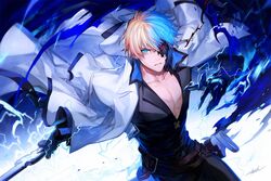  1boy aura belt blue_eyes claws collarbone danhu dragon_install guilty_gear guilty_gear_strive heterochromia highres holding holding_weapon jacket jacket_on_shoulders ky_kiske lightning male_focus multicolored_hair pectorals red_eyes serious sheath simple_background solo split-color_hair sword thunderseal weapon white_background white_jacket 