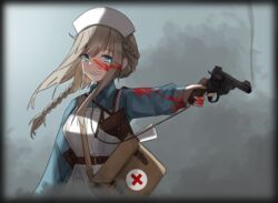  absurdres apron aqua_eyes blonde_hair blood blood_on_face blood_splatter braid clenched_teeth commentary cross crying crying_with_eyes_open female finger_on_trigger first_aid_kit french_braid fte_(fifteen_199) furrowed_brow gun handgun hat highres holding holding_gun holding_weapon holster lanyard long_hair military nurse nurse_cap original pointing_gun pointing_weapon red_cross revolver sad shade smoke smoking_barrel solo tears teeth upper_body weapon webley_revolver 