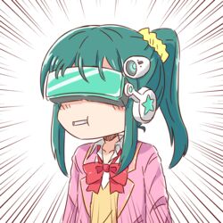  blush_stickers bow closed_mouth collared_shirt commentary emphasis_lines female green_eyes green_hair guriin hair_ornament hair_scrunchie head-mounted_display headgear highres jacket long_hair mouth_hold open_clothes open_jacket pink_jacket ponytail red_bow scrunchie serizawa_momoka shirt sidelocks simple_background solo sweater_vest tokyo_7th_sisters upper_body white_background white_shirt yellow_scrunchie 