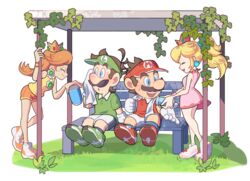  2boys 2girls bad_id bad_twitter_id bare_shoulders bench blonde_hair blue_eyes brown_hair closed_eyes crown earrings facial_hair flower_earrings gazebo gloves grass green_shirt hoshikuzu_pan jewelry looking_at_another luigi mario mario_(series) mario_tennis mario_tennis_aces moustache multiple_boys multiple_girls official_alternate_costume orange_hair pink_footwear pink_skirt polo_shirt princess_daisy princess_peach red_shirt shirt shoes short_shorts shorts skirt smile sneakers sphere_earrings sweat tennis_daisy tennis_luigi tennis_mario tennis_peach towel visor_cap white_background white_gloves white_shorts yellow_shirt 