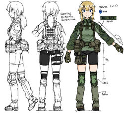  bike_shorts black_shorts blonde_hair blue_eyes camouflage camouflage_jacket character_name dutchko english_text female full_body gloves green_gloves green_jacket gun handgun holstered jacket knee_pads load_bearing_vest long_hair long_sleeves multiple_views original ponytail reference_sheet shoes shorts sidelocks simple_background smersh typo vesna_(dutchko) weapon white_background 