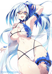  bare_shoulders bikini blue_eyes blush breasts brynhildr_(fate) brynhildr_(swimsuit_berserker)_(fate) brynhildr_(swimsuit_berserker)_(first_ascension)_(fate) cleavage collarbone fate/grand_order fate_(series) female glasses highres large_breasts long_hair looking_at_viewer navel open_mouth puuzaki_puuna side_ponytail simple_background smile swimsuit very_long_hair white_background white_bikini white_hair 