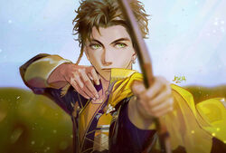  1boy absurdres black_hair black_jacket blurry blurry_foreground bow_(weapon) braid capelet claude_von_riegan closed_mouth day earrings fire_emblem fire_emblem:_three_houses garreg_mach_monastery_uniform green_eyes highres holding holding_bow_(weapon) holding_weapon jacket jewelry kkia long_sleeves male_focus outdoors short_hair side_braid single_braid single_earring solo upper_body weapon yellow_capelet 