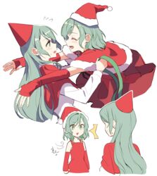  2girls :d akni aqua_hair bang_dream! blush braid cape christmas closed_mouth commentary_request dress elbow_gloves face-to-face fingerless_gloves from_behind from_side gloves green_eyes hair_between_eyes hat hikawa_hina hikawa_sayo holding hug imminent_kiss incest long_hair long_sleeves looking_at_another multiple_girls open_mouth red_cape red_dress red_gloves red_hat red_shirt shirt short_hair siblings side_braid simple_background sisters sleeveless sleeveless_dress smile sweat twincest twins upper_body white_background white_shirt yuri 