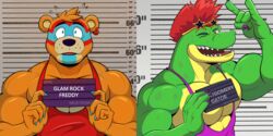  2:1 abs absurd_res alligator alligatorid animatronic anthro barbie_and_ken_mugshot_meme bear biceps blue_claws blue_eyes bodypaint character_name chart claws clothing crocodile crocodilian crocodylid deltoids duo english_text eyewear eyewear_on_head face_paint five_nights_at_freddy&#039;s five_nights_at_freddy&#039;s:_security_breach fur glamrock_freddy green_body green_scales grin hair headgear headwear height_chart hi_res holding_object holding_sign jail_placard looking_at_viewer machine male mammal measurements mezzmar mohawk montgomery_gator mugshot muscular muscular_anthro muscular_male nervous number one_eye_closed orange_body orange_fur pecs purple_claws purple_clothing purple_shirt purple_tank_top purple_topwear red_clothing red_eyes red_hair red_shirt red_tank_top red_topwear reptile robot scales scalie scottgames shirt sign smile steel_wool_studios sunglasses sunglasses_on_head surprised_expression tank_top text topwear ursine wink yellow_body yellow_scales 