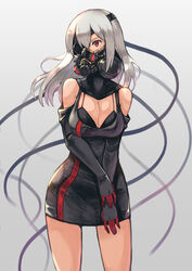  blackball bra breasts cleavage dress elbow_gloves eyepatch female gloves grey_hair large_breasts long_hair mask original pencil_dress red_eyes respirator simple_background solo underwear 