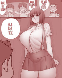  3boys bag breasts clenched_hands collared_shirt ekz_(robotekz) english_text eyelashes female hanako-san_(toire_no_hanako-san) height_difference highres large_breasts monochrome multiple_boys no_eyes open_mouth pleated_skirt school_bag shaded_face shirt skirt speech_bubble spiked_hair suspender_skirt suspenders toire_no_hanako-san white_shirt you_gonna_get_raped 