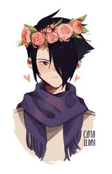  1boy artist_name black_hair blush brown_eyes closed_mouth flower hair_over_one_eye heart highres looking_at_viewer male_focus pink_flower pink_rose purple_scarf ray_(yakusoku_no_neverland) ri_(catallarii) rose scarf short_hair simple_background solo upper_body white_background wreath yakusoku_no_neverland 