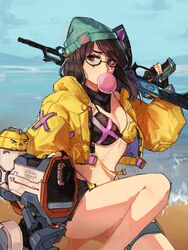  assault_rifle beach beanie bikini black_gloves blowing_bubbles blue_sky breasts cleavage commentary female glasses gloves gun hat highres holding holding_gun holding_weapon jacket killjoy_(valorant) long_hair long_sleeves looking_at_viewer navel outdoors partially_fingerless_gloves rifle sky solo strawbericka swimsuit turret valorant water weapon yellow_jacket 