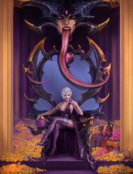  breasts coin cup dress drinking_glass female food fruit gold grapes helmet high_heels highres long_tongue medium_breasts purple_dress purple_eyes purple_lips purple_thighhighs sharp_teeth slaanesh solo tattoo teeth thighhighs tongue warhammer_40k white_hair wine_glass yioshka 