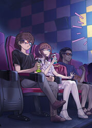  2boys 3d_glasses absurdres blouse brown_hair chinese_commentary closed_eyes commentary_request cup drinking_straw eyebrows_hidden_by_hair glasses hair_between_eyes heterochromatic_eyewear highres holding holding_cup long_sleeves lu_(yewang19) movie_theater multiple_boys original pantyhose partial_commentary sandals shirt short_hair white_legwear yewang19 yu_xuan_(yewang19) 