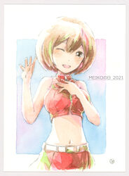  belt brown_eyes brown_hair character_name commentary crop_top epoxy_putty female hand_on_own_chest hand_up jacket looking_at_viewer meiko_(vocaloid) midriff navel one_eye_closed open_mouth painting_(medium) red_jacket red_skirt sakine_meiko skirt smile solo stomach traditional_media upper_body vocaloid watercolor_(medium) waving 