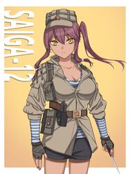  belt black_shorts breasts character_name cleavage closed_mouth collarbone feet_out_of_frame female girls&#039;_frontline gun hair_ornament handgun highres holding holding_knife holster holstered kapkan_(rainbow_six_siege) knife long_hair looking_at_viewer makarov_pm medium_breasts military military_uniform nail_polish orange_eyes purple_hair purple_nails rainbow_six_siege saiga-12_(girls&#039;_frontline) shirt shorts simple_background solo soviet soviet_army soviet_flag standing striped_clothes striped_shirt telnyashka uniform weapon yitiao_er-hua 