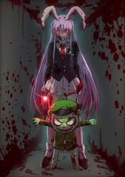  1boy animal_ears bear beret black_footwear blood blood_on_clothes blood_on_face colored_skin dark_persona evil_smile female flippy_(happy_tree_friends) fliqpy_(happy_tree_friends) formal full_body glowing glowing_eyes green_skin happy_tree_friends hat height_difference highres himuhino horror_(theme) indoors jewelry layered_shirt long_hair long_sleeves looking_at_viewer military_hat military_uniform miniskirt necklace necktie open_mouth purple_hair rabbit_ears rabbit_girl red_eyes red_necktie reisen_udongein_inaba shaded_face sharp_teeth shirt skirt smile socks suit teeth touhou uniform wall white_shirt white_skirt white_socks yellow_eyes 