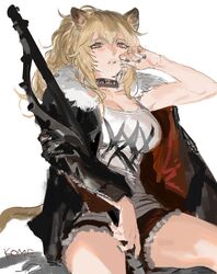  animal_ears arknights artist_name black_choker black_jacket black_nails blonde_hair breasts candy choker cleavage cowboy_shot female food frischenq fur-trimmed_jacket fur_trim hair_between_eyes hammer holding holding_weapon jacket large_breasts lion_ears lion_girl lion_tail lips lollipop long_hair mouth_hold nail_polish open_clothes open_jacket over_shoulder ponytail red_shorts short_shorts shorts siege_(arknights) signature simple_background sledgehammer solo studded_choker tail tank_top teeth weapon weapon_over_shoulder white_background white_tank_top yellow_eyes 