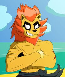  absurd_res anthro bottomwear clothing cross_blitz crossed_arms ear_piercing eyebrows fangs felid fur hair hi_res lion loglord male mammal no_pupils orange_hair pantherine pants piercing pirate redcroft scar shirtless simple_background solo tako_boy_studios teeth thick_eyebrows yellow_body yellow_fur 