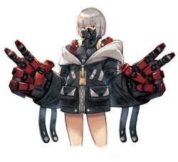  blackball bob_cut cyborg double_v female grey_hair jacket mecha_musume mechanical_arms original oversized_zipper red_eyes respirator short_hair solo tube v white_background zipper zipper_pull_tab 