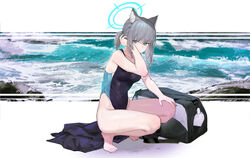  animal_ear_fluff animal_ears bag barefoot black_jacket black_one-piece_swimsuit blue_archive blue_eyes competition_swimsuit cross_hair_ornament extra_ears female grey_hair hair_ornament halo highres jacket low_ponytail medium_hair mismatched_pupils multicolored_clothes multicolored_swimsuit ocean official_alternate_costume one-piece_swimsuit oooomiga rock shiroko_(blue_archive) shiroko_(swimsuit)_(blue_archive) solo squatting swimsuit unworn_jacket wolf_ears 