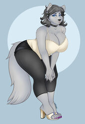  absurd_res anthro bent_over big_breasts breasts canid canine canis catsmeow cleavage clothed clothing female footwear fur grey_body grey_fur hair hi_res high_heels mammal mature_anthro mature_female shoes short_hair simple_background solo thea_(specterhsc) thick_thighs wide_hips wolf 