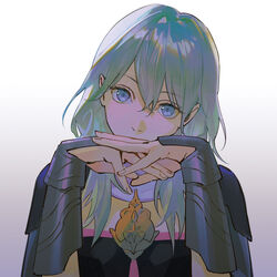  blue_eyes bracer byleth_(female)_(fire_emblem) byleth_(fire_emblem) commentary_request female fire_emblem fire_emblem:_three_houses grey_hair hair_between_eyes hands_up kkia long_hair looking_at_viewer own_hands_together simple_background solo upper_body white_background 