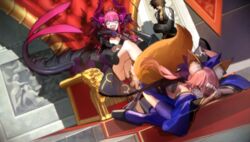  1boy 2girls anger_vein animal_ear_fluff animal_ears archimedes_(fate) arm_tattoo black_coat blue_bow blue_eyes blue_kimono blue_ribbon blue_thighhighs blush bow brown_hair bullying carpet chair coat detached_sleeves dragon_girl elizabeth_bathory_(corroded)_(fate) elizabeth_bathory_(fate) fate/extella fate/extra fate_(series) fingernails fox_ears fox_girl fox_tail game_cg hair_ribbon hairbow highres horns japanese_clothes kimono long_fingernails long_fingers long_hair long_sleeves long_tail looking_at_another looking_to_the_side multiple_girls non-web_source obi oerba_yun_fang official_alternate_costume official_art open_mouth photoshop_(medium) pink_hair platform_footwear purple_hair red_carpet ribbon sash shadow skin_fang split_ponytail stomach_tattoo tail tamamo_(fate) tamamo_no_mae_(fate/extra) tattoo tearing_up teeth thighhighs wada_arco yellow_eyes 