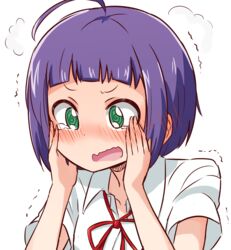  @_@ ahoge araki_rena blush collared_shirt commentary_request female green_eyes guriin hands_on_own_face hands_up highres neck_ribbon nose_blush open_mouth purple_hair red_ribbon ribbon shirt short_sleeves simple_background solo tears tokyo_7th_sisters trembling upper_body wavy_mouth white_background white_shirt 