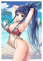  arms_up beach blue_eyes blue_hair blue_sky braid breasts cleavage cloud commentary day female fire_emblem fire_emblem:_the_sacred_stones fire_emblem_heroes from_side highres large_breasts long_hair looking_to_the_side one-piece_swimsuit open_mouth outdoors ponytail sky solo swimsuit tana_(fire_emblem) tana_(summer)_(fire_emblem) water yui_(msy1302mana) 