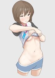  absurdres blue_shorts blush bob_cut breasts brown_eyes brown_hair ch2haya_p clothes_lift cropped_legs embarrassed female grey_background groin hagiwara_yukiho highres idolmaster idolmaster_(classic) idolmaster_million_live! idolmaster_million_live!_theater_days inverted_bob lanyard medium_breasts midriff navel raglan_sleeves shirt shirt_lift short_sleeves shorts simple_background solo stomach underboob wavy_mouth white_shirt 