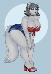  absurd_res anthro bent_over big_breasts breasts canid canine canis catsmeow cleavage clothed clothing collar female footwear fur grey_body grey_fur hair hi_res high_heels mammal markings mature_anthro mature_female mole_(marking) shoes short_hair simple_background solo thea_(specterhsc) thick_thighs wide_hips wolf 