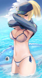  absurdres artoria_pendragon_(fate) baseball_cap bikini blonde_hair blue_eyes breasts cleavage dripping fate/grand_order fate_(series) female floating floating_object hat highres large_breasts mookie_(e_mook9) mysterious_heroine_xx_(fate) navel one_eye_covered outdoors skindentation solo stomach swimsuit thick_thighs thighs undressing wading water wet white_bikini 