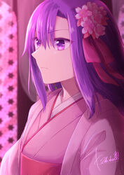  breasts curtains eyebrows_hidden_by_hair fate/grand_order fate_(series) female flower hair_between_eyes hair_flower hair_ornament highres japanese_clothes kasuga_no_tsubone_(fate) kimono long_hair matou_sakura parvati_(fate) pink_kimono purple_eyes purple_hair shiohari_kanna solo upper_body 