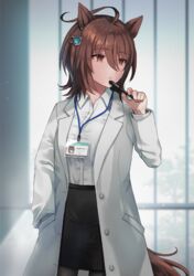  aged_up agnes_tachyon_(umamusume) ahoge animal_ears black_skirt brown_hair collared_shirt commentary_request female hair_between_eyes hair_ornament hand_in_pocket horse_ears horse_girl horse_tail id_card lab_coat lanyard nazuka_(mikkamisaki) pen pen_to_mouth pencil_skirt red_eyes shirt short_hair skirt solo tail thighhighs umamusume white_shirt 