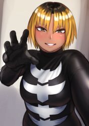  black_bodysuit black_hair blonde_hair blush bodysuit breasts brown_eyes commentary_request female highres kamen_rider kamen_rider_(1st_series) kilye_kairi latex latex_bodysuit looking_at_viewer multicolored_hair original shocker_(kamen_rider) short_hair skin_tight smile solo two-tone_hair 